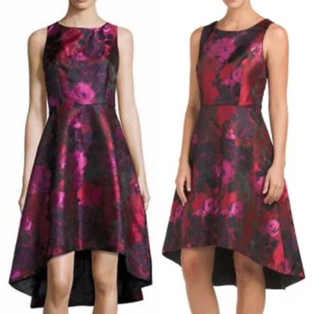 MADISON LEIGH Red Black Floral Satin High Low Hi-Lo Hem Formal / Cocktail Dress